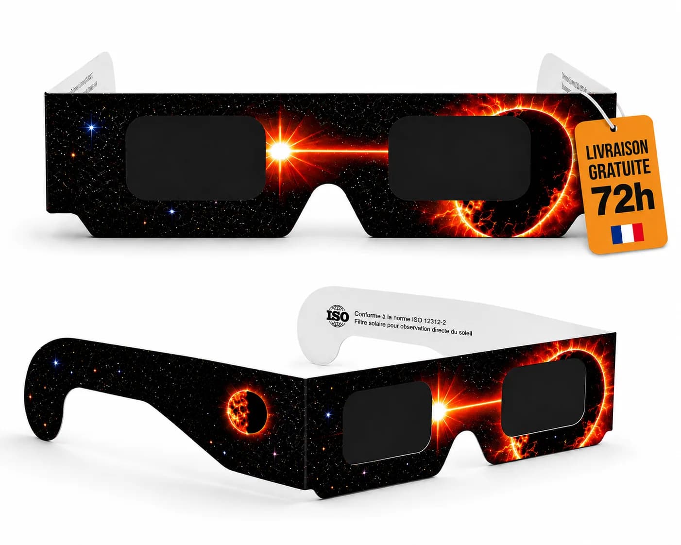 Lunettes éclipse solaire certifiées ISO 12312-2 — livraison gratuite 72h depuis la France